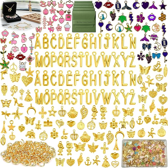 407 Pcs Jewelry Making Charms Kit with Jump Rings – Bulk Enamel, KC Gold & Letter Charms for DIY Necklace, Bracelet & Earring Craft Supplies