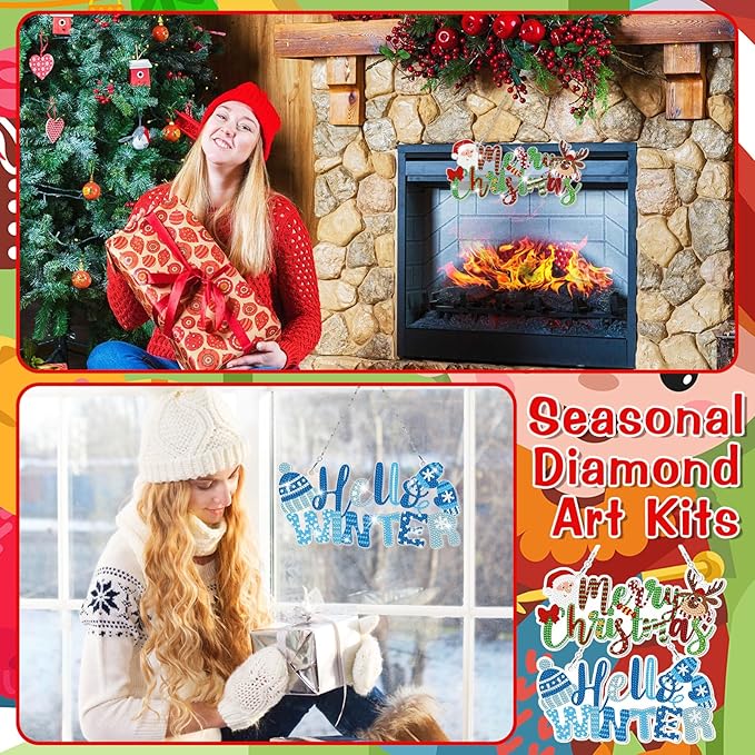 Cinnvoice 12 Pcs Seasonal Diamond Art Wreath Kits Holiday 5d DIY Diamond Art Hanging Signs Winter Spring Ornaments for Wall Door Decoration(Seasonal)