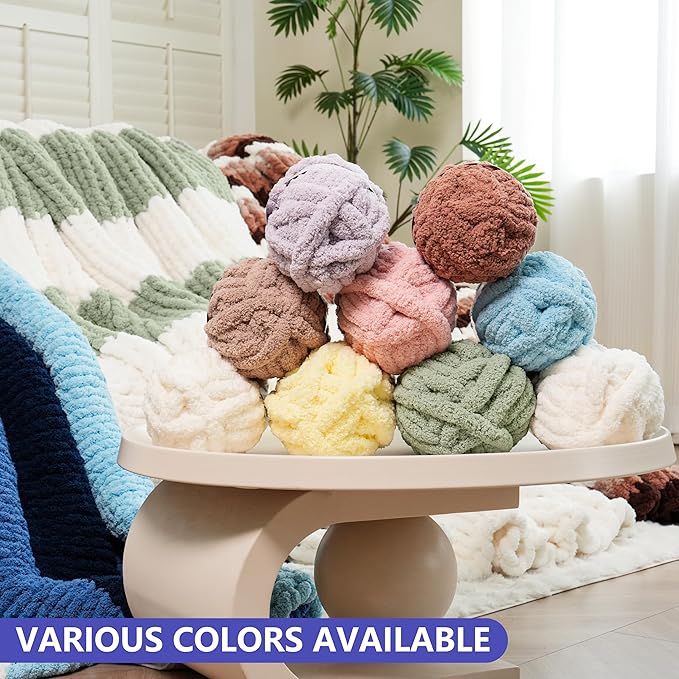 Chunky Yarn for Hand Knitting - #10 Chunky Chenille Yarn, Jumbo Big Thick Chunky Yarns for Crocheting, Super Bulky Chunky Knit Blanket Yarns, 8 Skein (25yd, 8oz/Skein), Cream&Sage&Khaki&Grey