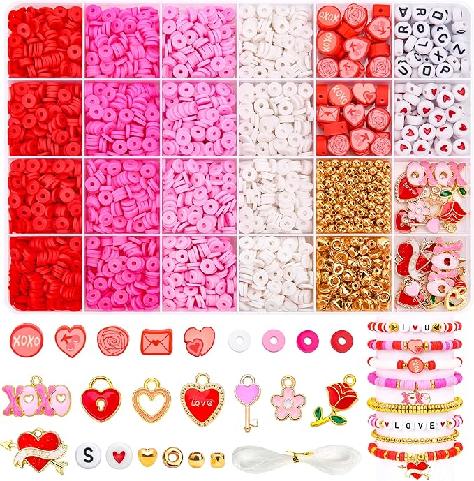 BONNY BOXX 3300PCs Valentine Day Clay Beads Set, Flat Round Disc Heishi Polymer Clay Beads with Letter Beads & Charms for Friendship Bracelet Making, Valentine Jewelry for DIY Crafts Birthday Gifts