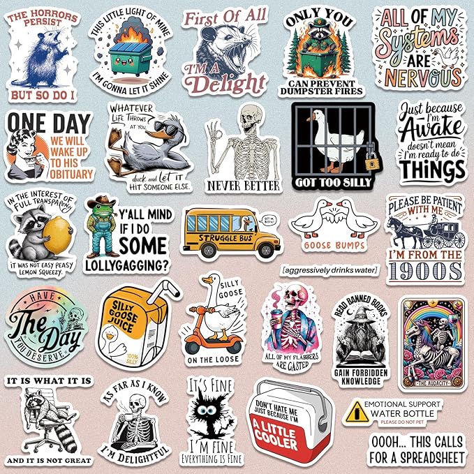 200 pcs funny holographic stickers for adults, waterproof vinyl sarcastic meme decals for laptop, water bottle, phone, kindle, journal, scrapbook, bumper, skateboard, luggage, no repeats