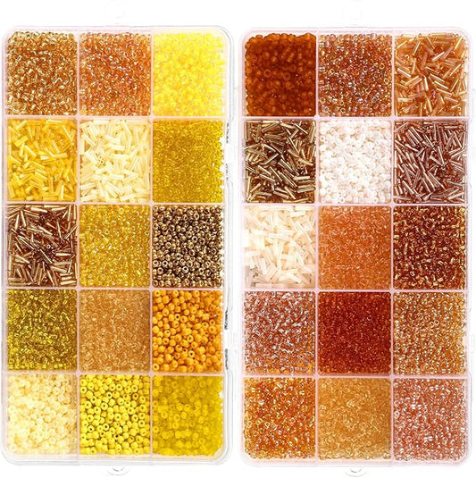 Misdary 30 Colors Glass Seed and Tube Bugle Beads Kit 2 Organizer Boxes Loose Beads for Jewelry Making DIY Crafts Bracelets and Necklaces(Yellow and Champagne)