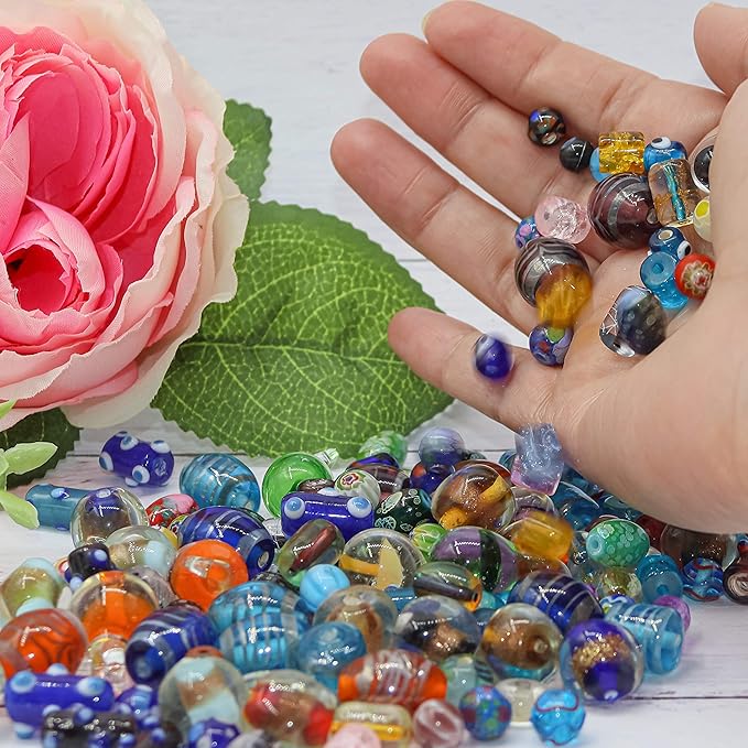 Fun-Weevz Assorted Glass Beads for Jewelry Making Adults, Bulk Glass Beads for Crafts, Lampwork Murano Bead Mix for Bracelets and Necklaces, Crafting Beads Supplies Kit, Large & Small Beads