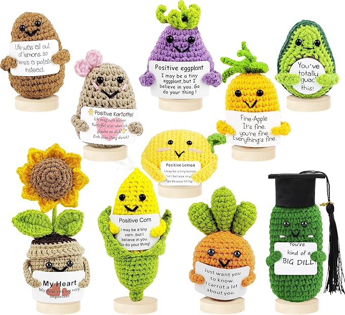 Crochet Potato Bag and Emotional Support Vegetable Bag Combination with Base. Handmade Crochet Cute Vegetables, Perfect for Offices, Universities, Colleagues, Friends, New Year (10PCS)