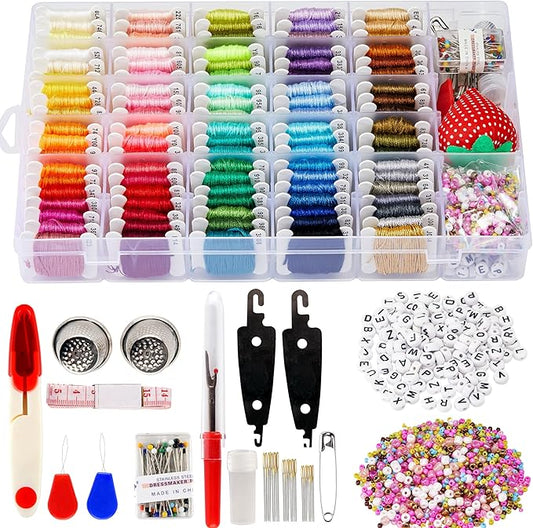 XMZCOLA Embroidery kit for Beginners Adults,1200 Pcs + Friendship Bracelet String Kits with Storage Box,95 Colors Embroidery Thread and 1000 Crafts Beads,Embroidery Floss and Accessories