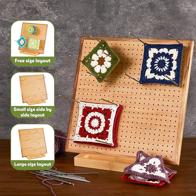 11.8" Crochet Blocking Board with 20 Pegs Pins, Granny Square Blocking Board for Crochet Projects, Bamboo Blocking Boards for Crocheting and Knitting, Wooden Gifts for Crocheter