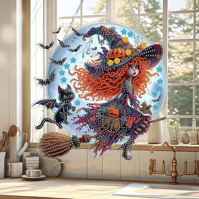 JJFox Diamond Art Hanging Kit for Adult,Special Shaped Rhinestone,Double Sided 5D DIY Acrylic Diamond Art Painting Window Pendants Home Garden Wall Hanging Kits Hanging Ornament (Halloween Witch)