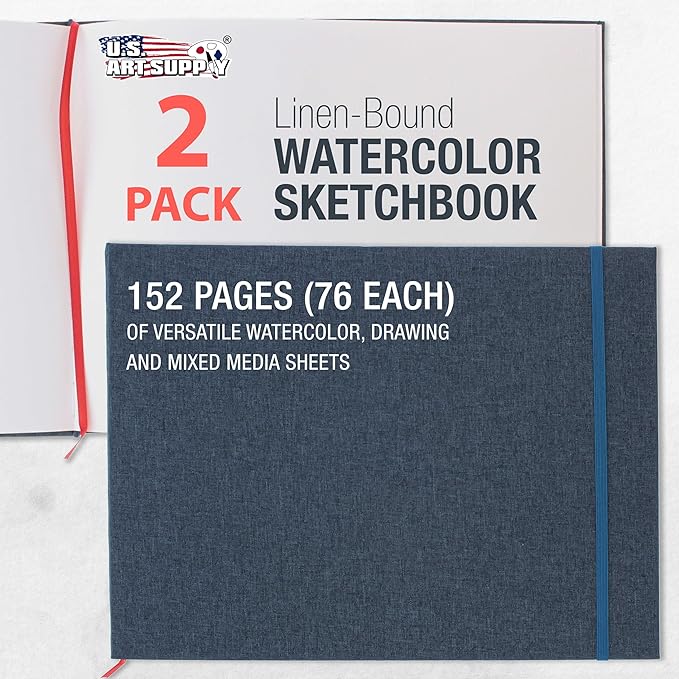 U.S. Art Supply 9" x 12" Watercolor Book (2 Pack, 76 Sheets Each) - 110lb (230 GSM) Linen-Bound Hardcover Artist Paper Pads - Acid-Free Cold-Pressed Watercolor Paper Pad Mixed Media