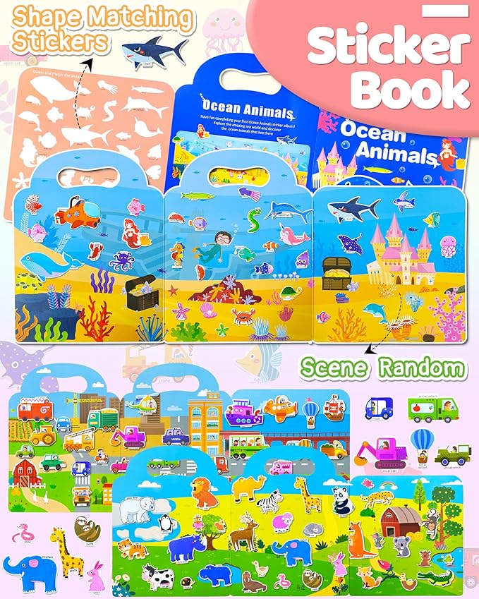 benresive reusable sticker books for toddlers, 3 sets travel stickers for kids, toddler sticker book, crafts activities for toddlers, 3 and up birthday gifts travel toys