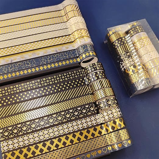 YUBBAEX 18 Rolls Black Gold Washi Tape Set Basic Patterns Foil Print Decorative Tapes for Arts, DIY Crafts, Bullet Journals, Planners, Scrapbook, Wrapping (15mm) (Black Gold Pack x 18 Rolls)