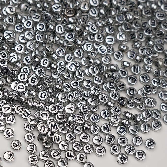 Melius Acrylic Silver Letter Beads, 1450 Pcs 4x7mm Round Alphabet Beads in 28 Grid Box for Jewelry Making, DIY Bracelets, Necklaces, Key Chains, Bracelets
