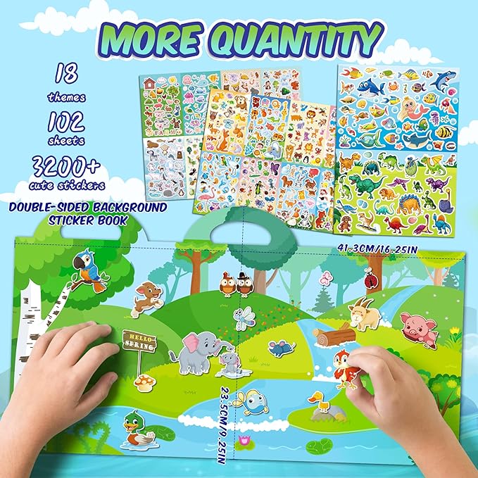 3200+pcs stickers for kids, 102 sheets cartoon animal sticker for toddlers, reward cute stickers 18 theme for school teachers students parents, scrapbook journal gifts decor