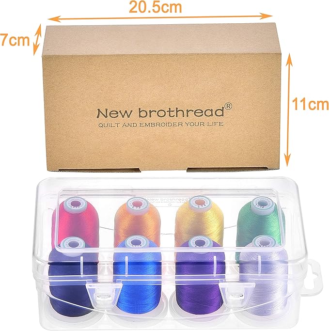 New brothread - 20 Options - 8 Snap Spools of 1000m Each Polyester Embroidery Machine Thread with Clear Plastic Storage Box for Embroidery & Quilting - Over Rainbow