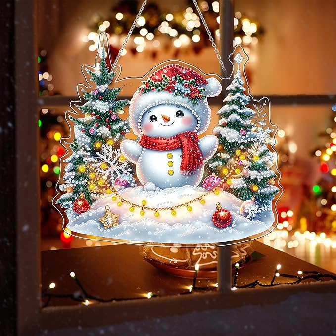 JJFox Diamond Art Hanging Kit for Adult,Special Shaped Rhinestone,Double Sided 5D DIY Acrylic Diamond Art Painting Window Pendants Home Garden Wall Hanging Kits Hanging Ornament (Christmas Snowman)