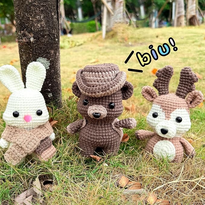 DoodleTwyst Amigurumi Crochet Kit – DIY Crochet Kit with Yarn & Tools – Fun Crochet Kits for Adults to Make Bear, Bunny & Reindeer Stuffed Animals