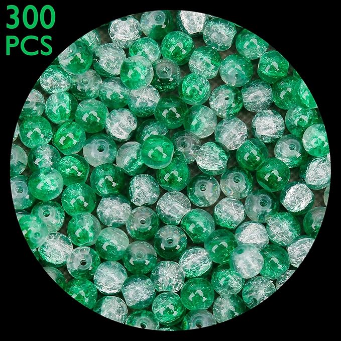 300PCs 6mm Green Crackle Glass Beads Bulk, Round Smooth Hole Glass Crystal Beads for Jewelry Making, DIY Bracelets, Necklaces, Bag Charms, Keychains and Craft Projects