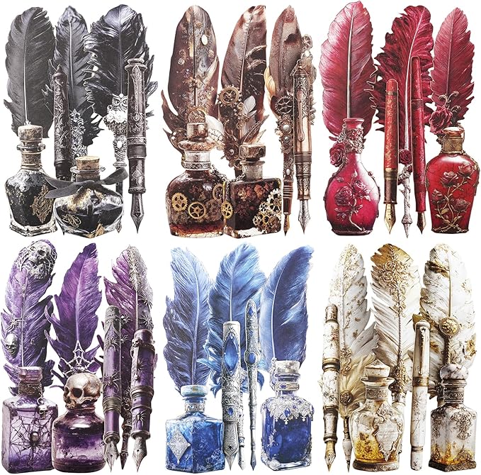 Vintage Pen & Ink Cardstock Stickers – 60pcs Antique Feather Quill & Ink Bottle Designs, Large Laser-Cut Peel and Stick Decor for Scrapbook Journal Junk Journal Collage Crafts