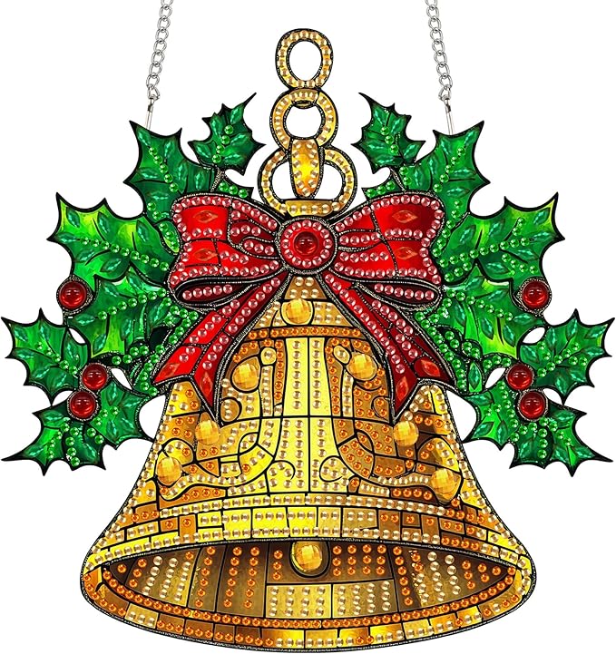 Reofrey Hanging Diamond Art Kits for Adults - 8x8 Inch Christmas Bells Acrylic Board Double Sided Pattern Diamond Art Suncatcher Pendant, Crystal Art for Home Wall or Window Decoration Handmade Gift