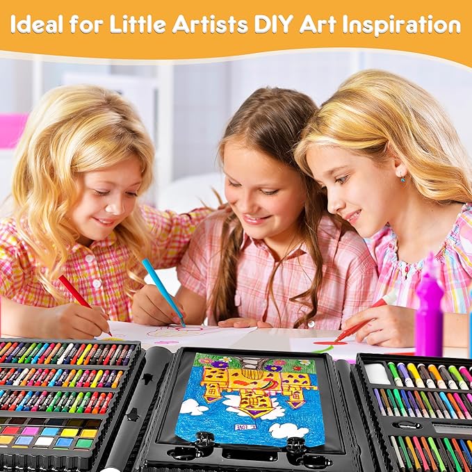 Art Supplies 332 Piece Drawing Art Kit Gifts for Girls Boys Kids Teens Gifts Art Set Case with Double Sided Trifold Easel, Stickers, Sketch Paper, Coloring Book, Pastels, Crayons, Pencils (Black)