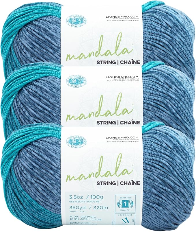 Lion Brand Yarn Mandala String, Fingering Yarn for Knitting and Crochet, Tune, 3 Pack
