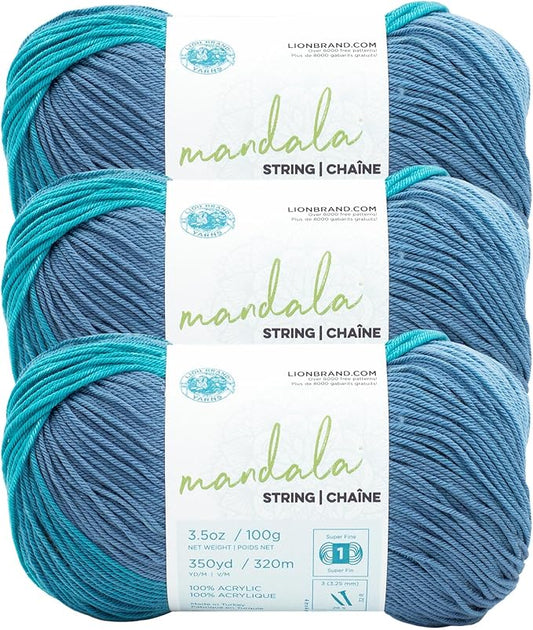 Lion Brand Yarn Mandala String, Fingering Yarn for Knitting and Crochet, Tune, 3 Pack