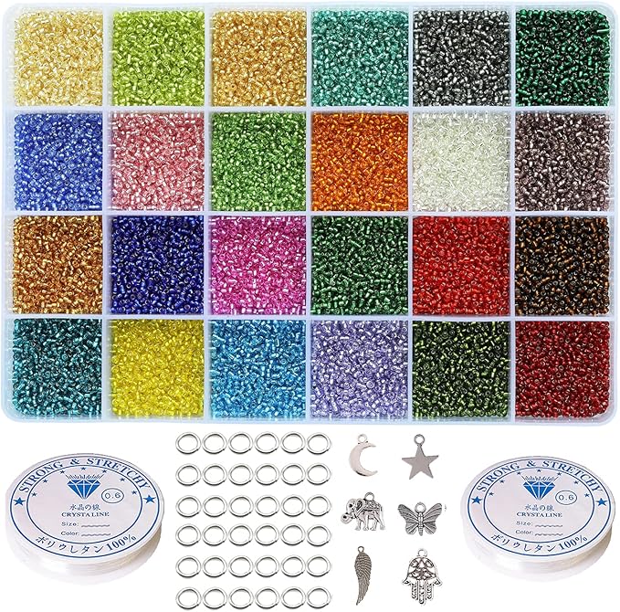 About 21000pcs 2mm 12/0 Glass Seed Beads 24 Colors Loose Beads Kit Bracelet Beads with 24-Grid Plastic Storage Box for Jewelry Making
