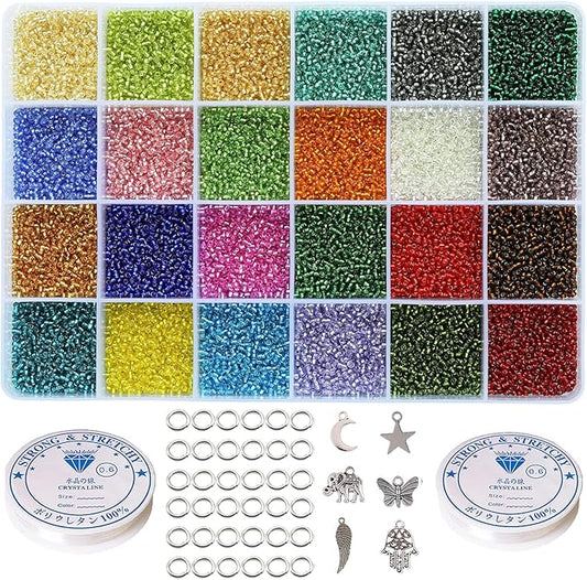 About 21000pcs 2mm 12/0 Glass Seed Beads 24 Colors Loose Beads Kit Bracelet Beads with 24-Grid Plastic Storage Box for Jewelry Making