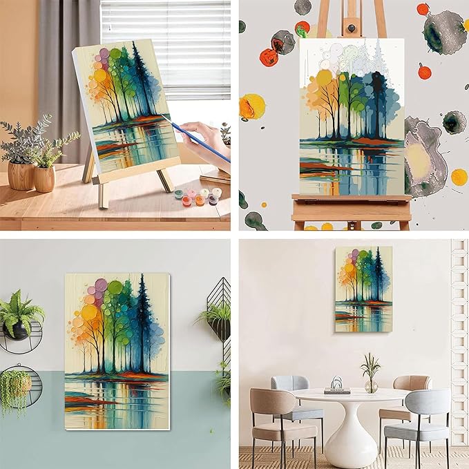 Rainbow Trees Paint by Numbers for Adults with Framed Canvas - with Wooden Easel, Tree Paint by Number for Beginners, DIY Easy Acrylic Oil Painting on Canvas with Brushes for Home Wall Decor 8x12 inch