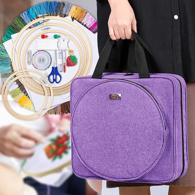 LoDrid Embroidery Kit, Embroidery Project Bag with Embroidery Kit, Portable Craft Carry Case with Starter Kit, Embroidery Supplies Storage Bag and Cross Stitch Kits for Beginner, Adults, Purple
