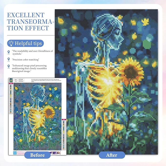 Camocin Diamond Art Kits for Adults Skull, 5D Sunflower Diamond Painting Kits for Adults Beginners, DIY Flowers Full Round Dots Drill Gem Art Kit for Gift Home Wall Decor 12 x 16 Inch