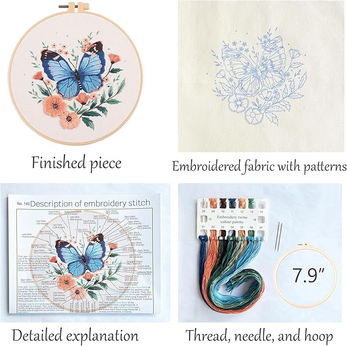 Silentsea Embroidery Kit, Floral and Nature Designs, 3-Pack with Hoops, Needlework Pattern Set (Butterfly)