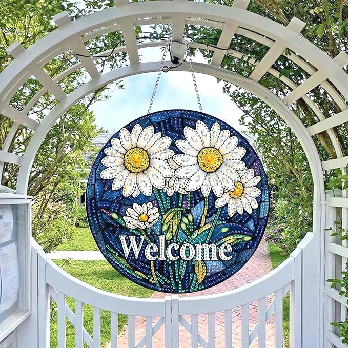 Wergund 5D DIY Welcome Diamond Art Hanging Kits, Hanging Diamond Art Daisy, Acrylic Special Shaped Rhinestone, Window Hanging Pendants for Home Wall Garden Front Door Outdoor Decor Gift(Welcome)