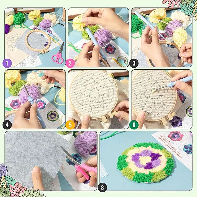 WATINC 22PCS Craft Punch Needle Coaster Kit with Flower Pattern DIY Embroidery Kit for Beginner Easy Embroidery Art and Crafts Needle Coaster with Instruction for Adults