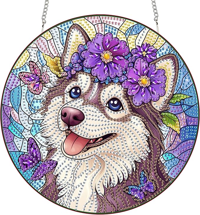Bimkole Smiling Dog Diamond Art Hanging Kit for Adult, DIY 5D Diamond Art Animal Window Pendant, Acrylic Crystal Art Hanging Ornament Home Wall Garden Front Door Sign Outdoor Decor 7.8x7.8 Inch