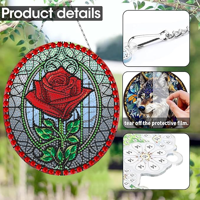 SKRYUIE Rose Hanging Diamond Art Kits for Adults Pendant Suncatcher, Special Shaped Crystal DIY Pearl Diamond Painting Kit, Gift for Mother Spring Summer Window Wreath Decor 7.95 x 7.01 Inch A8
