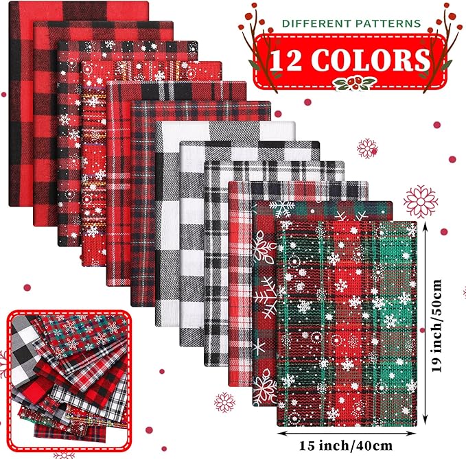 Tatuo 12 Pieces Christmas Fat Fabric Bundles Buffalo Plaid Fat Quarters Cotton Fabric Square Bundles 19.5 x 15.7 Inch Charm Yarn-Dyed Checked Quilting for DIY Crafting Sewing(Sweet Style)
