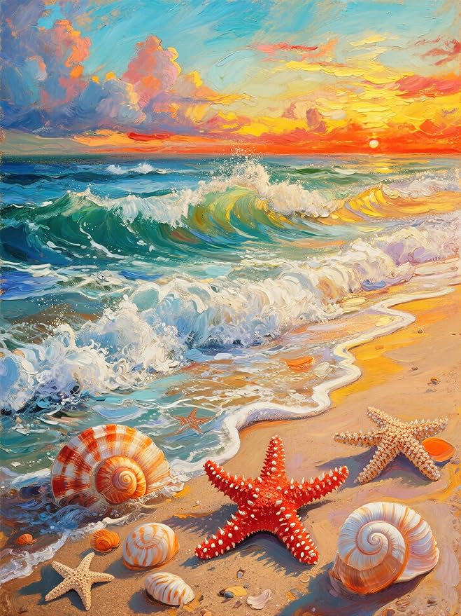 Fotasmua Beach Paint by Numbers Kit for Adults Beginner, Ocean Shellfish Easy Adult Paint by Number Kits on Canvas, DIY Acrylic Oill Painting Arts and Crafts Kits for Home Wall Decor 16x20 Inch
