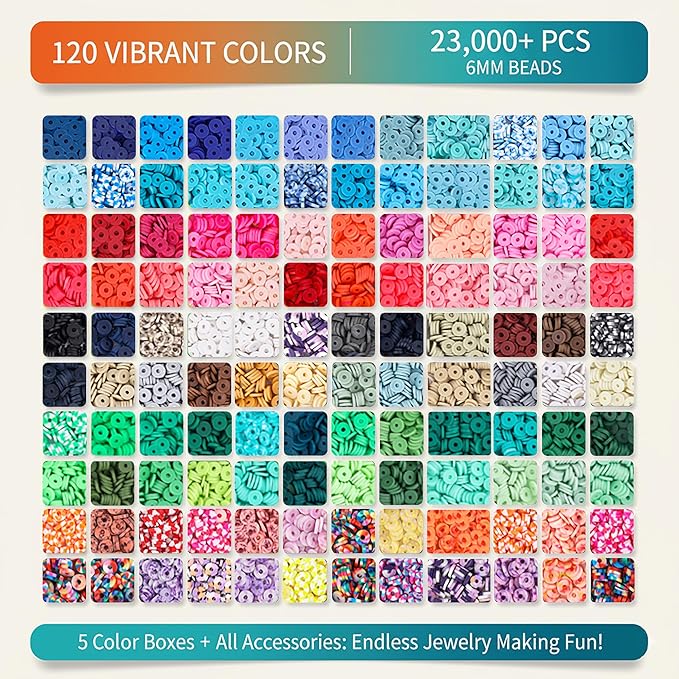 23000+ Clay Beads Bracelet Making Kit for Girls-120 Colors 6 boxes, Polymer Heishi Beads for Jewelry Making Kit, Charms for Bracelets,Bead Board Arts and Crafts Gifts for kids Fun Crafts for adults