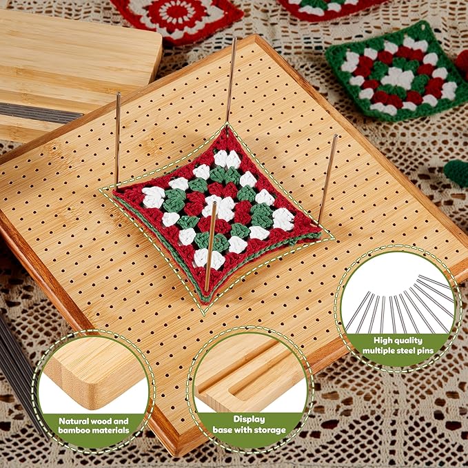11.8" Crochet Blocking Board with 20 Pegs Pins, Granny Square Blocking Board for Crochet Projects, Bamboo Blocking Boards for Crocheting and Knitting, Wooden Gifts for Crocheter