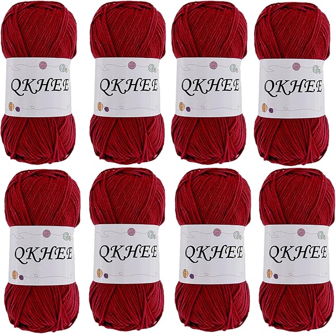 QKHEEYarn for Crocheting and Knitting 8 * 1.76 Oz (50G) /195yd, Fine/Fingering Weight (1), 60% Cotton 40% Acrylic Soft Yarn kit for Making Granny Squares and amigurumi (Cherry Red)
