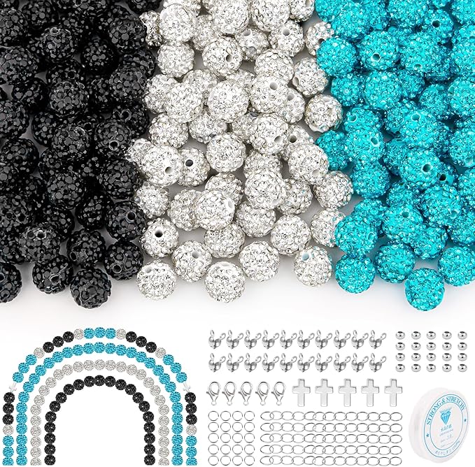 256Pcs 10mm Rhinestone Beads Kit for Jewelry Making, 3 Colors Round Shiny Disco Ball Beads with Cross Charms and Accessories for Baseball Necklaces Bracelets Earrings Crafting