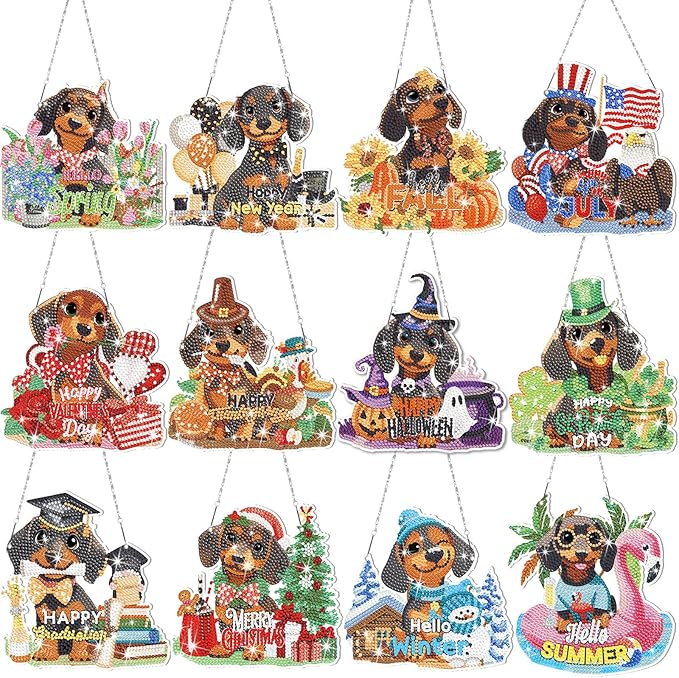 Cinnvoice 12 Pcs Seasonal Diamond Art Wreath Kits Holiday 5d DIY Diamond Art Hanging Signs Winter Spring Ornaments for Wall Door Decoration(Dachshund)
