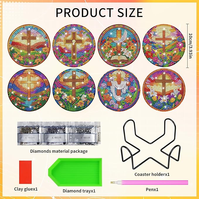 8 Pcs Cross Diamond Art Coasters Kit with Holder and Cork Pads, DIY Christian Diamond Painting Coasters for Adults Beginners, Religious Crafts for Home Decor or Gift