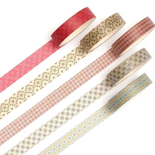 Fantasy Washi Tape Set - 5 Rolls Texture Arts Adhesive Tapes Basic Patterns Decorative Masking Tape Sets for Craft, Kids, Scrapbook, DIY, Gift Wrapping (12-Classic Tiles)