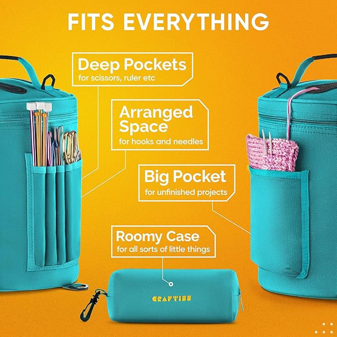 CRAFTISS Knitting Bag Yarn Storage - Gift for Crocheters - Durable Canvas Yarn Holder for Crochet Accessories - Organizer Crochet Bag with Knitting Accessories Case (Turquoise)