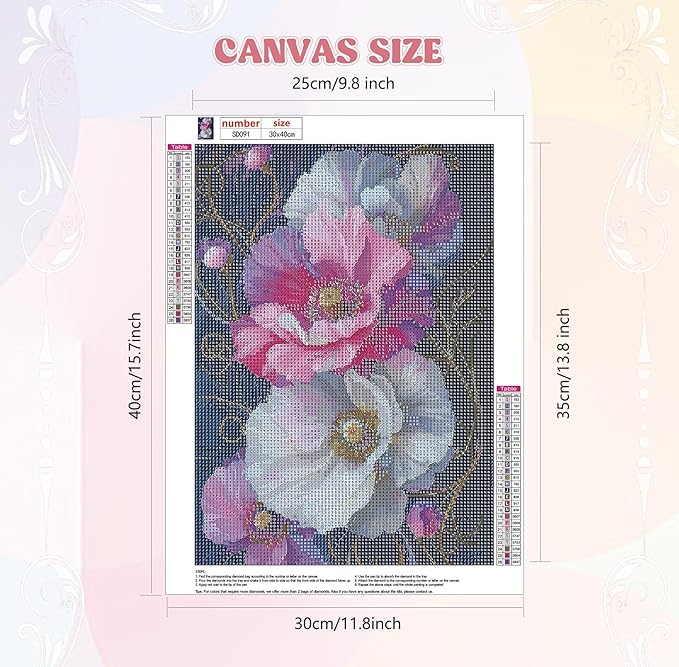 QENSPE Diamond Painting Art Kits for Adults, DIY Pink & White Flowers Full Drill Diamond Art for Beginners, 5D Round Diamond Dots Paintings Gem Art Crafts Home Wall Decor Gifts 30x40cm