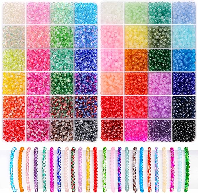 BONNY BOXX 5760 PCs 4mm Round Glass Beads for Jewelry Making, Bulk Crystal Beads in 48 Assorted Colors, Crackle Glass Beads for Bracelets, Necklaces, Earrings, Jewelry Design & DIY Art Projects