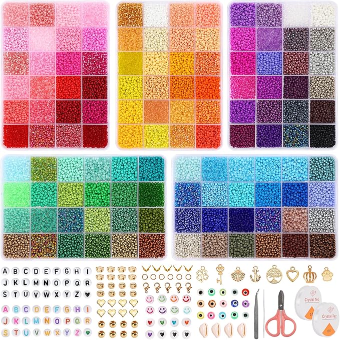 QUEFE 36000pcs 3mm Glass Seed Beads120 Colors Bracelet Making Kit Friendship Bracelet Kit with Letter Beads Accessories Charms and Pendants Kit for Necklaces Making, DIY, Gift, Craft