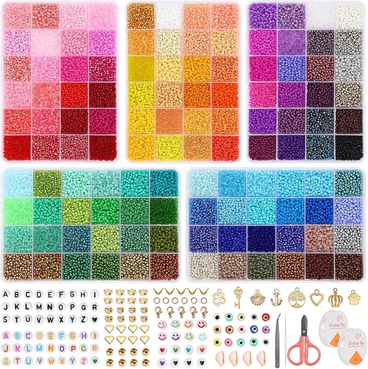 QUEFE 36000pcs 3mm Glass Seed Beads120 Colors Bracelet Making Kit Friendship Bracelet Kit with Letter Beads Accessories Charms and Pendants Kit for Necklaces Making, DIY, Gift, Craft