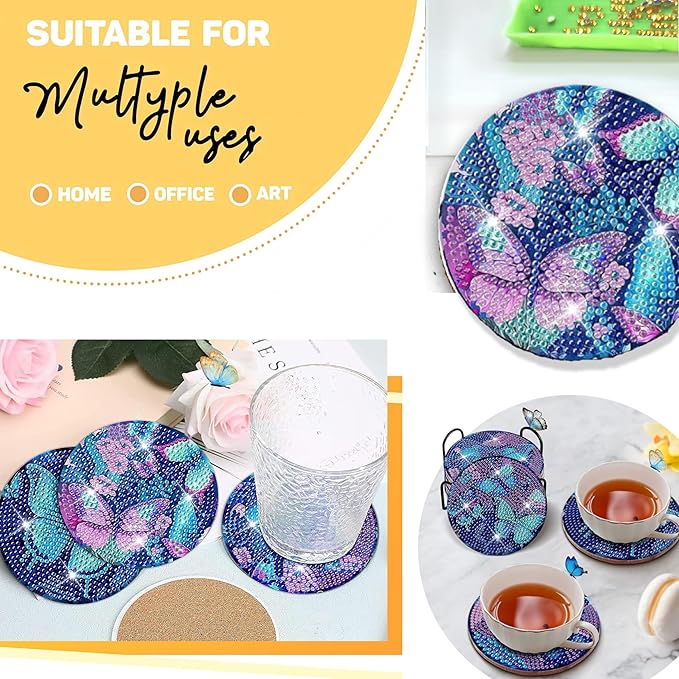 8 pcs Diamond Painting Coasters | Diamond Art Coasters | Blue Butterfly Diamond Art Painting | Perfect Art Craft Gift for Butterfly Lover, Dad, Mom, Grandparents, Brother, Sister.